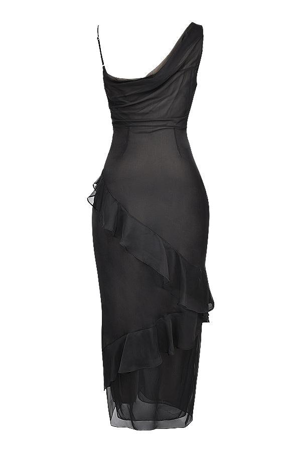 Luxe Zwarte maxi Jurk met ruches-Feest Jurken-Calora-XS-Calora