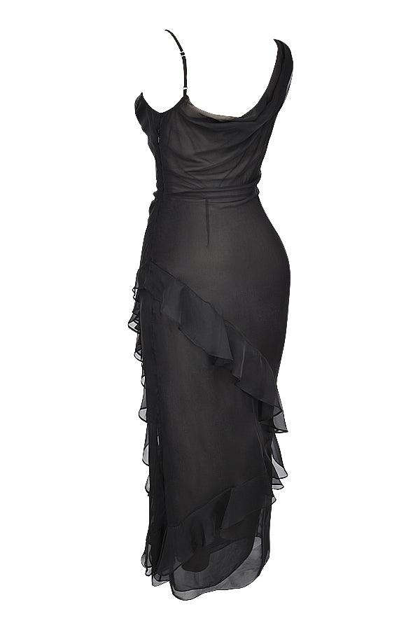 Luxe Zwarte maxi Jurk met ruches-Feest Jurken-Calora-XS-Calora