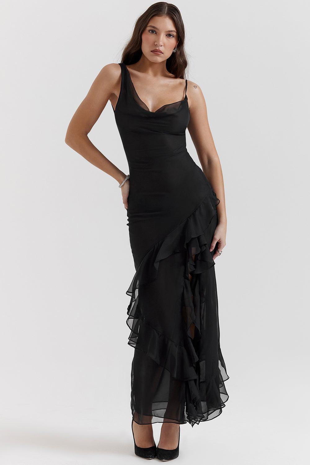 Luxe Zwarte maxi Jurk met ruches-Feest Jurken-Calora-XS-Calora