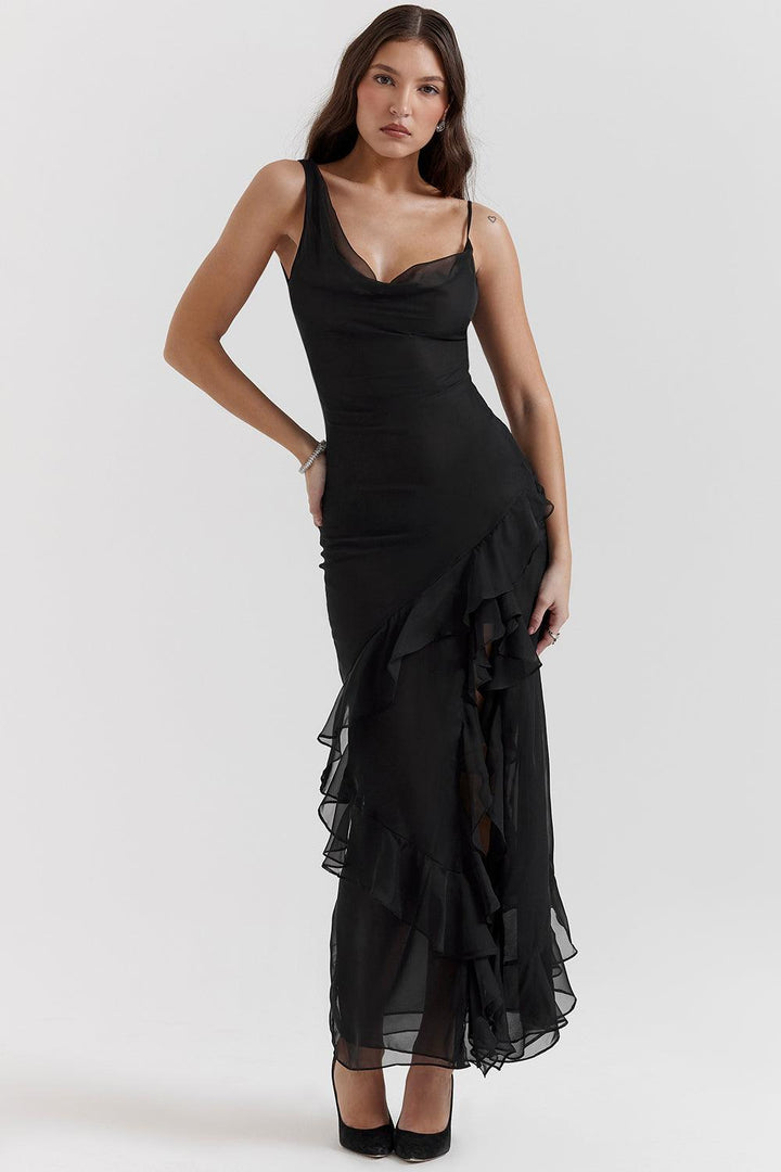 Luxe Zwarte maxi Jurk met ruches-Feest Jurken-Calora-XS-Calora