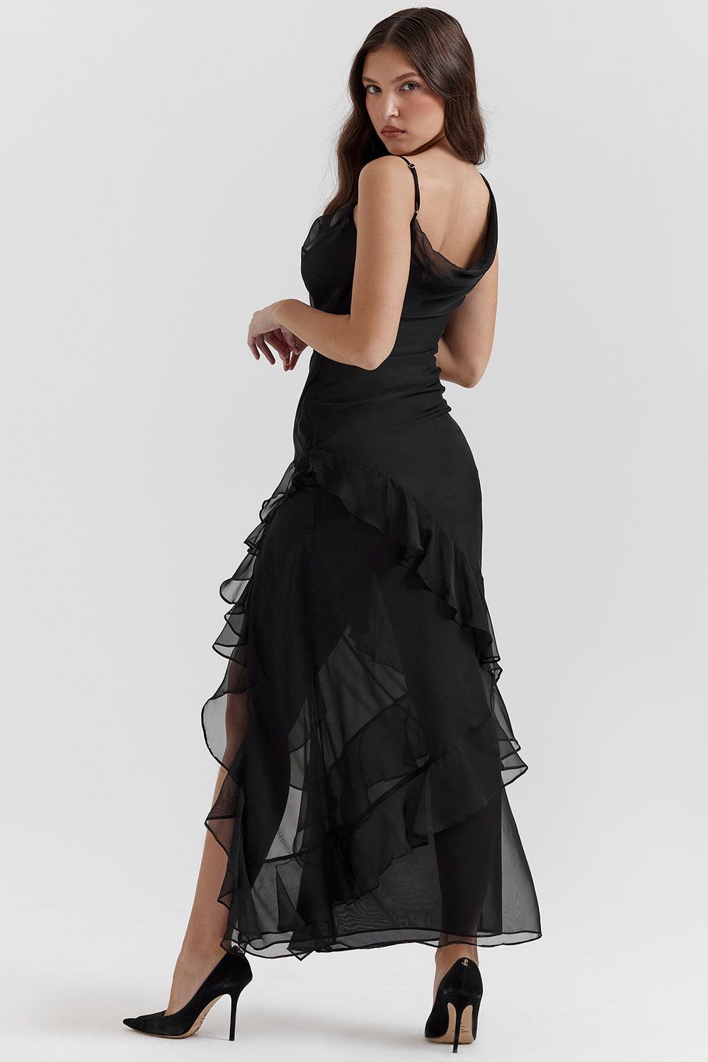 Luxe Zwarte maxi Jurk met ruches-Feest Jurken-Calora-XS-Calora