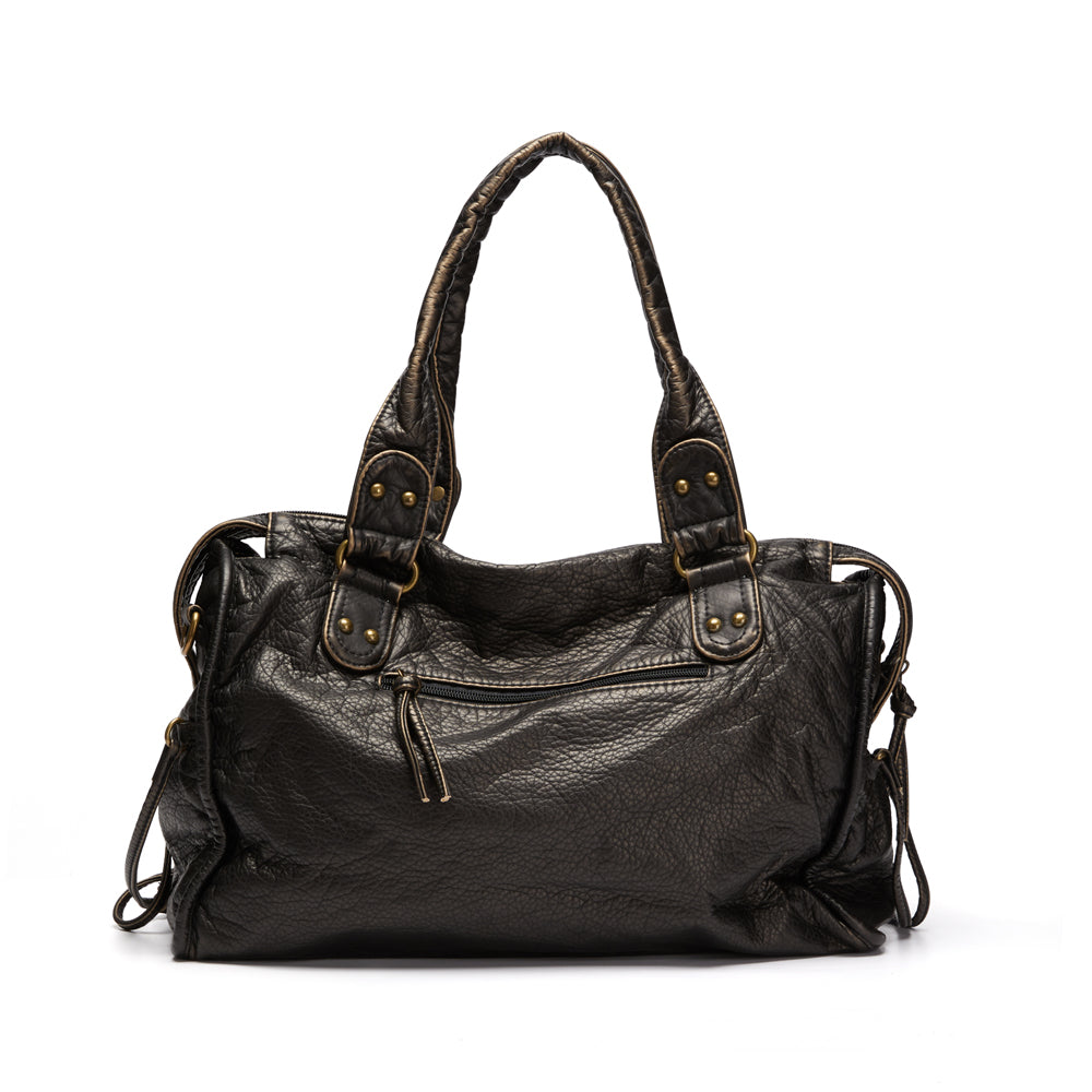 Luxe Zwarte Retro Leren Schoudertas-Handtassen-Calora-Zwart-37x16x28 cm-Calora