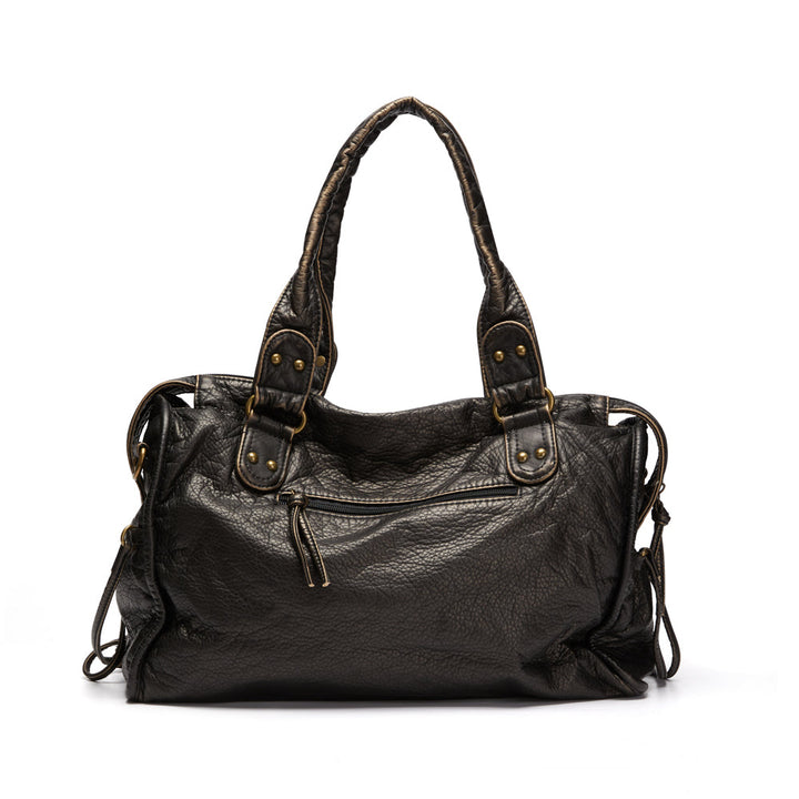 Luxe Zwarte Retro Leren Schoudertas-Handtassen-Calora-Zwart-37x16x28 cm-Calora