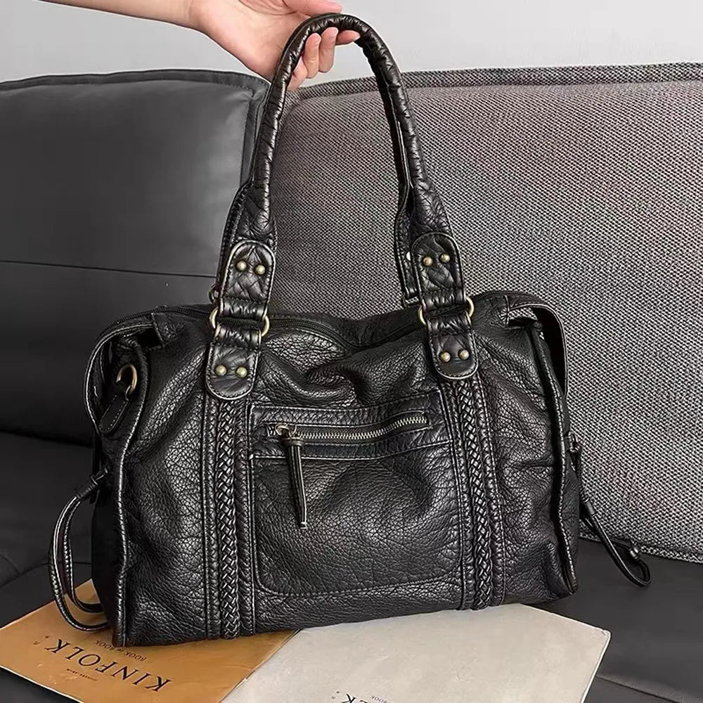 Luxe Zwarte Retro Leren Schoudertas-Handtassen-Calora-Zwart-37x16x28 cm-Calora