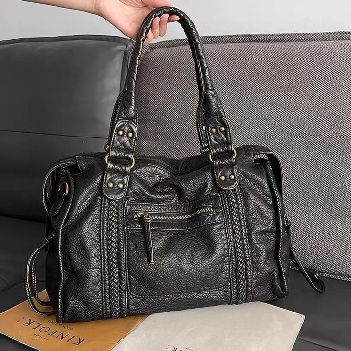 Luxe Zwarte Retro Leren Schoudertas-Handtassen-Calora-Zwart-37x16x28 cm-Calora