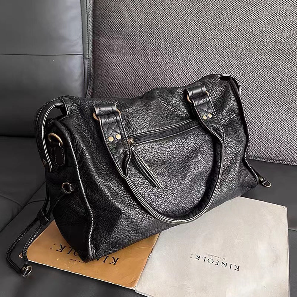 Luxe Zwarte Retro Leren Schoudertas-Handtassen-Calora-Zwart-37x16x28 cm-Calora