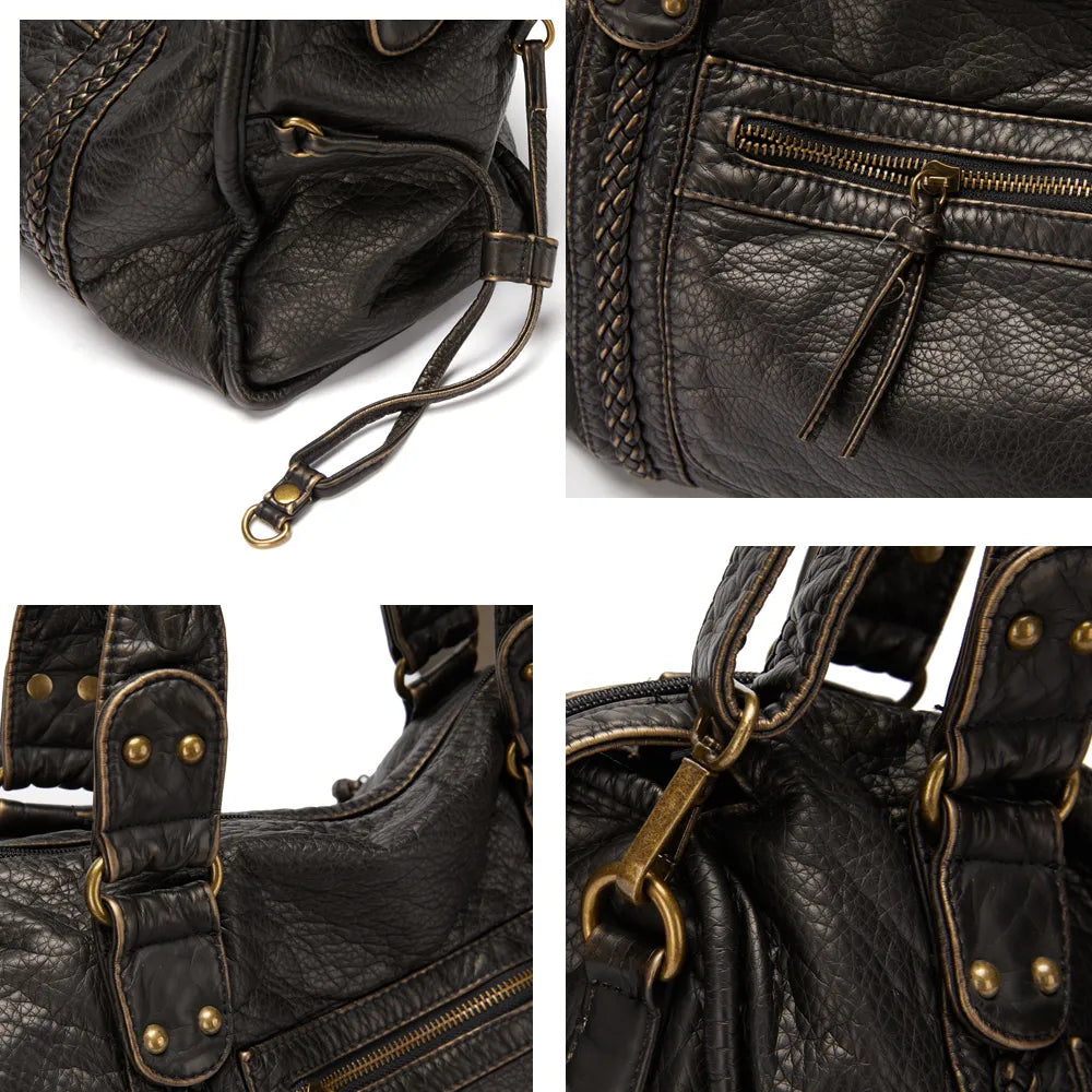 Luxe Zwarte Retro Leren Schoudertas-Handtassen-Calora-Zwart-37x16x28 cm-Calora