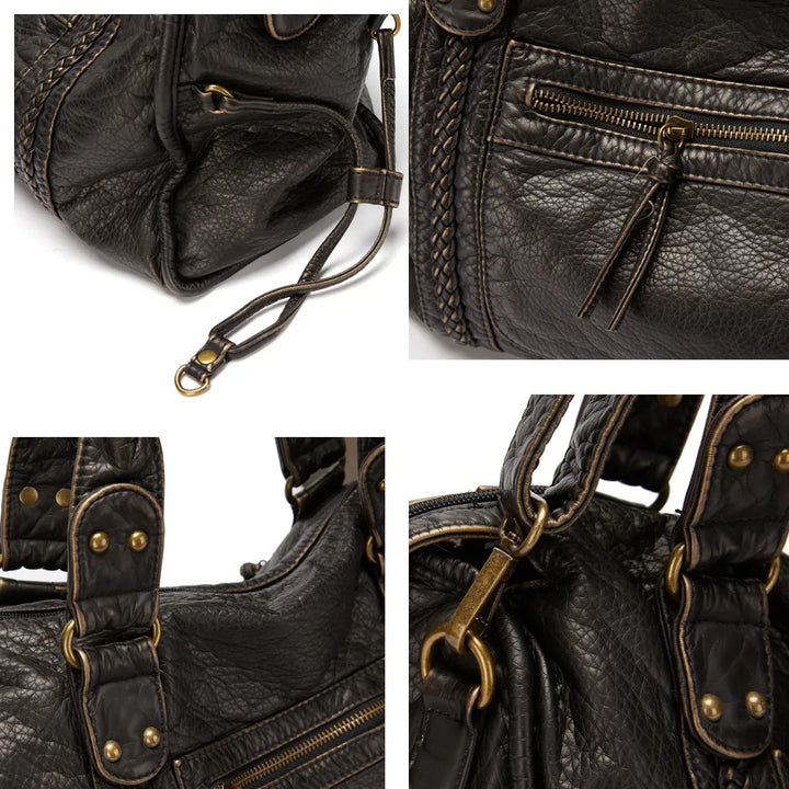 Luxe Zwarte Retro Leren Schoudertas-Handtassen-Calora-Zwart-37x16x28 cm-Calora