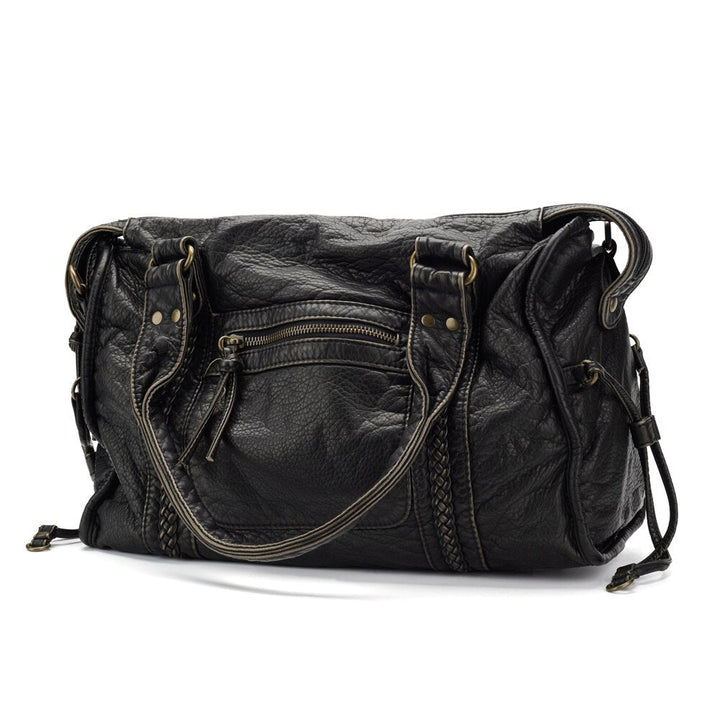 Luxe Zwarte Retro Leren Schoudertas-Handtassen-Calora-Zwart-37x16x28 cm-Calora