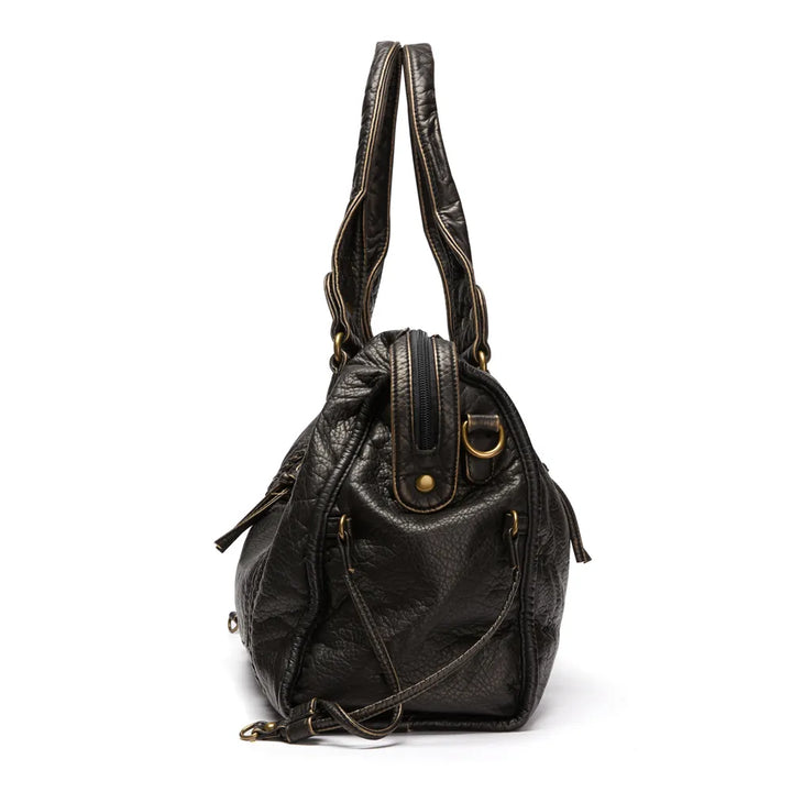 Luxe Zwarte Retro Leren Schoudertas-Handtassen-Calora-Zwart-37x16x28 cm-Calora