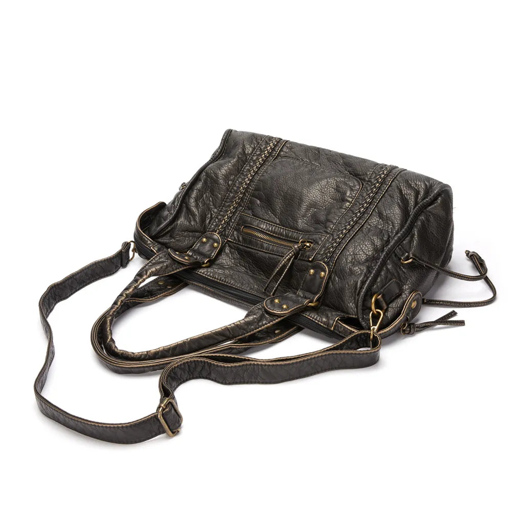 Luxe Zwarte Retro Leren Schoudertas-Handtassen-Calora-Zwart-37x16x28 cm-Calora