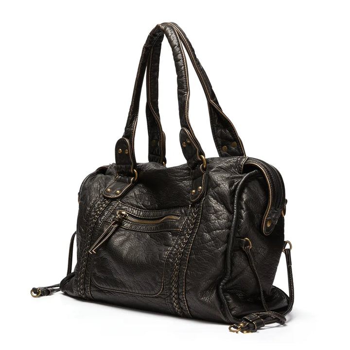 Luxe Zwarte Retro Leren Schoudertas-Handtassen-Calora-Zwart-37x16x28 cm-Calora