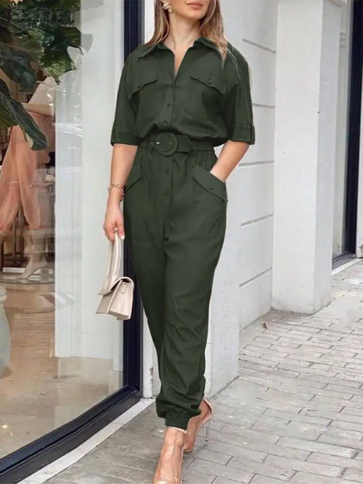 Lynn | Cargo Jumpsuit Dames-Jumpsuits-Calora-Donker Groen-S-Calora