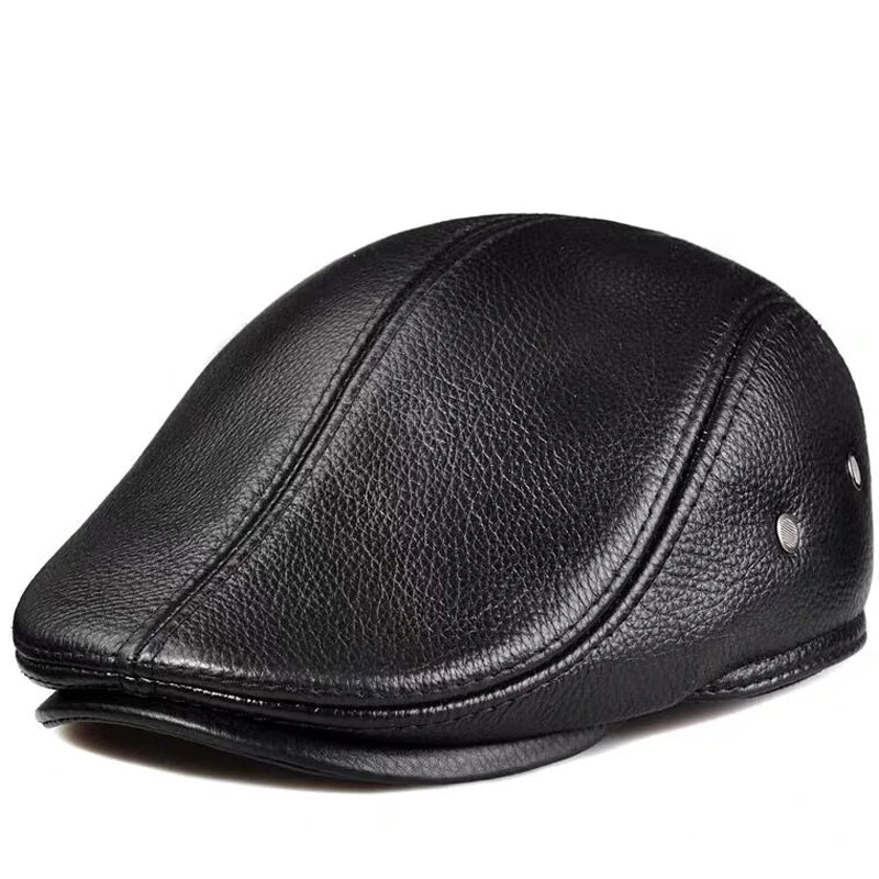 Mannen Outdoor Leren Hoed Winter Beret-Petten-Calora-Zwart-L - 55 - 56cm-Calora