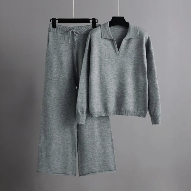 Manon | Dames losse gebreide coltrui set met wijde broek-Sets & Pakken-Calora-Grijs-S-Calora