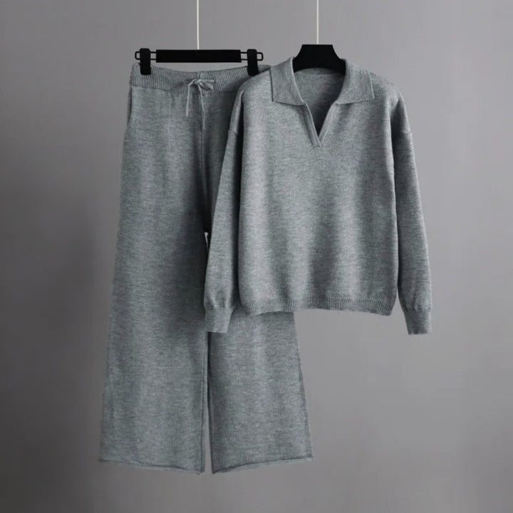Manon | Dames losse gebreide coltrui set met wijde broek-Sets & Pakken-Calora-Grijs-S-Calora