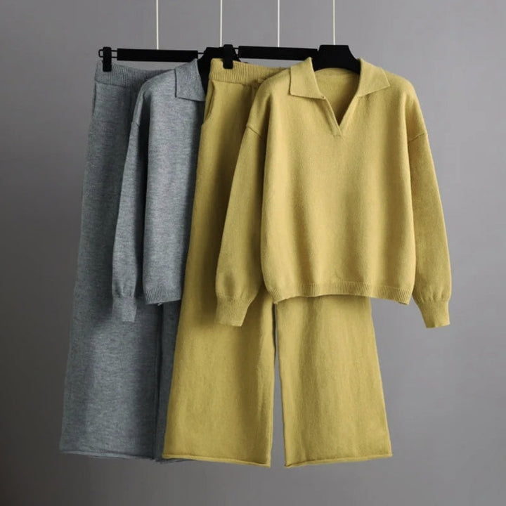 Manon | Dames losse gebreide coltrui set met wijde broek-Sets & Pakken-Calora-Wit-S-Calora
