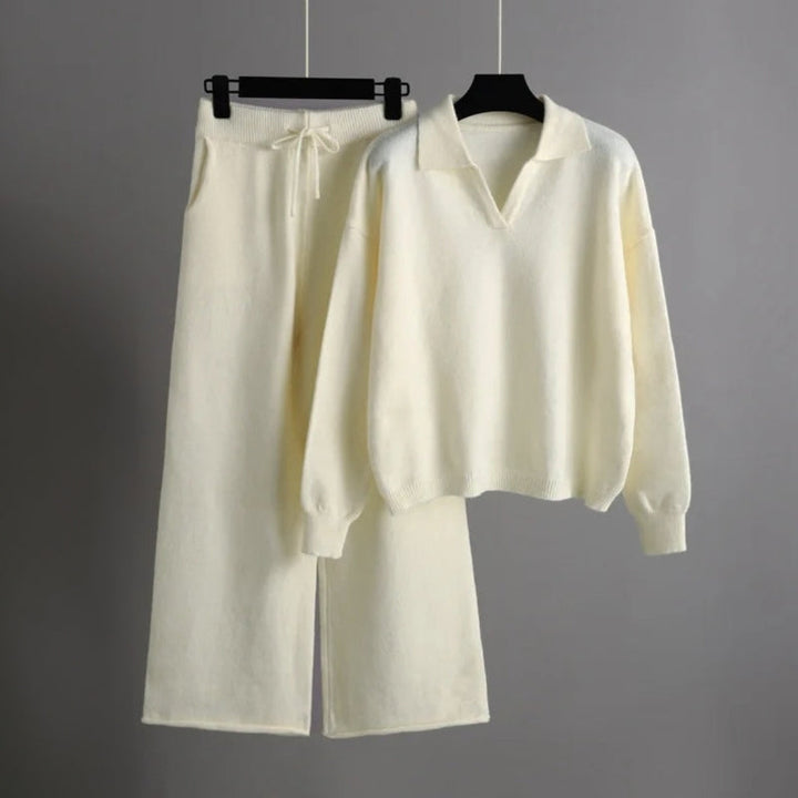 Manon | Dames losse gebreide coltrui set met wijde broek-Sets & Pakken-Calora-Wit-S-Calora