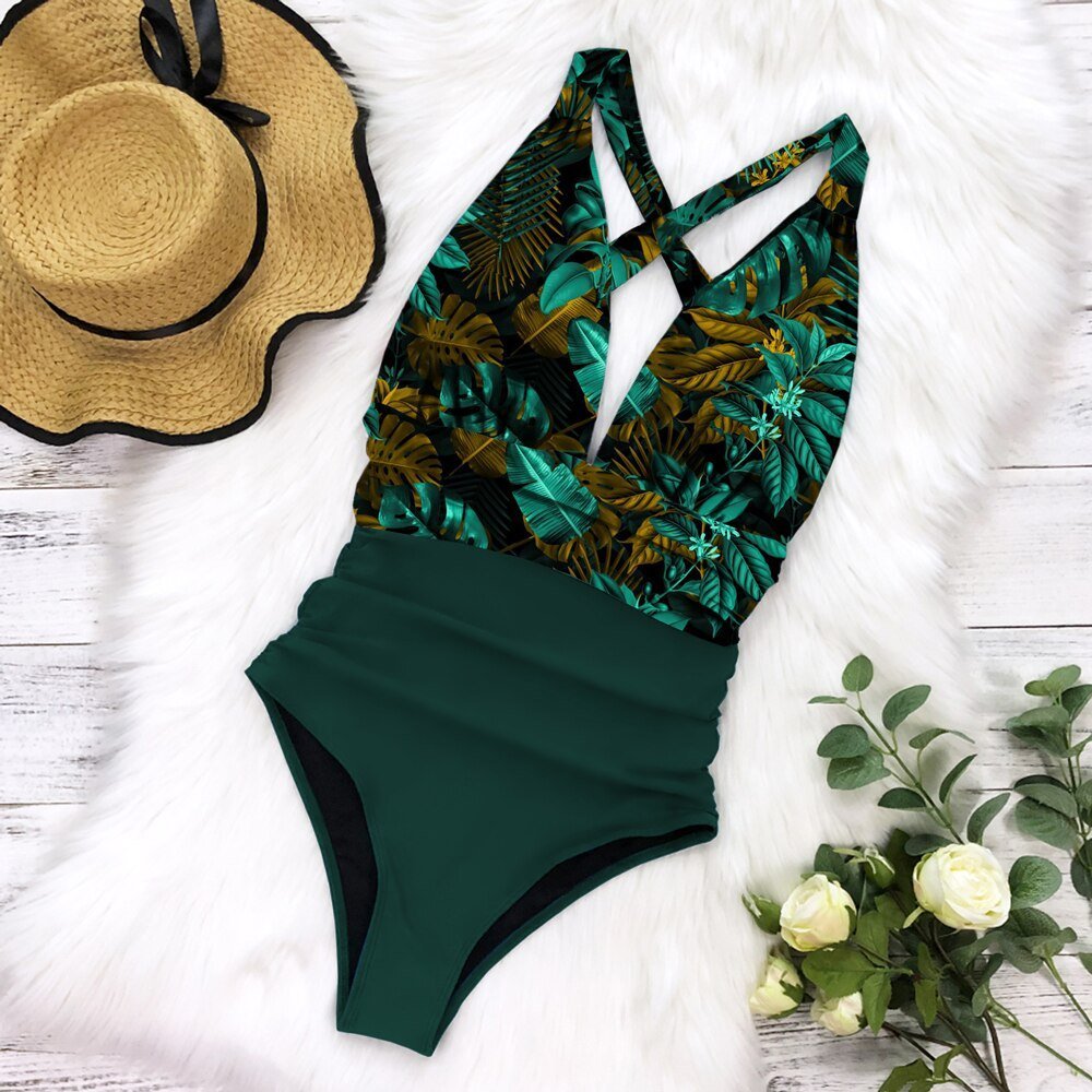 Marcia | Tropisch Tankini Badpak met Bloemenprint Topje-Zwemkleding-Calora-Groen-S-Calora