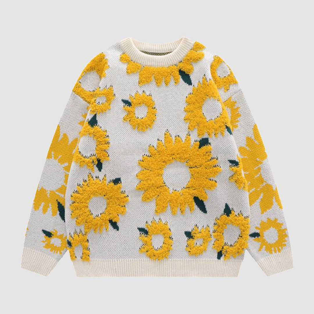 Marelli | Gezellige gebreide trui met zonnebloem-Blazers & Vesten-Calora-Wit-M-Calora