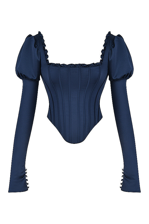 CALORA_ Marineblauw korset met pofmouwen en satijnen maxirok met schuine snit