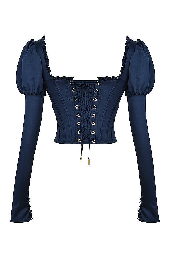 CALORA_ Marineblauw korset met pofmouwen en satijnen maxirok met schuine snit