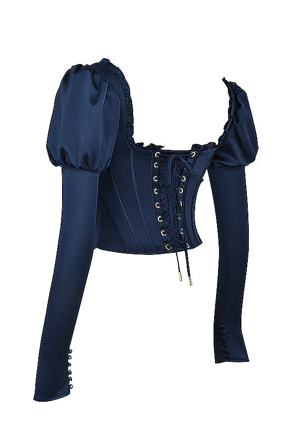 CALORA_ Marineblauw korset met pofmouwen en satijnen maxirok met schuine snit