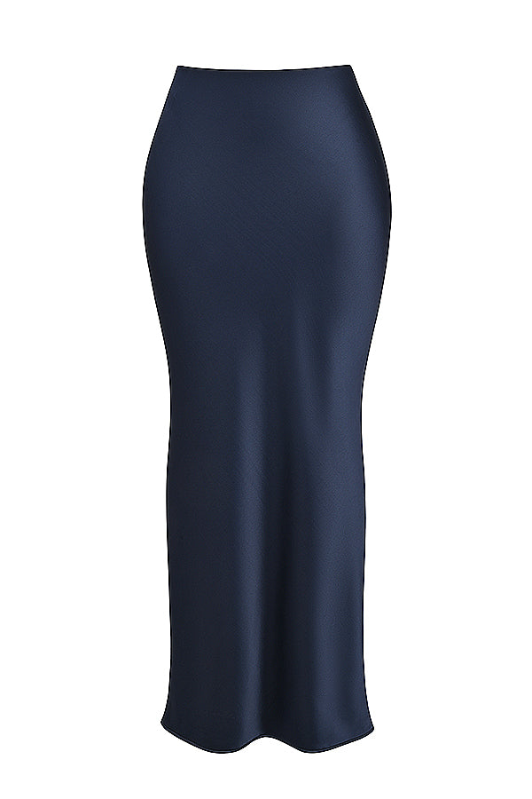 CALORA_ Marineblauw korset met pofmouwen en satijnen maxirok met schuine snit