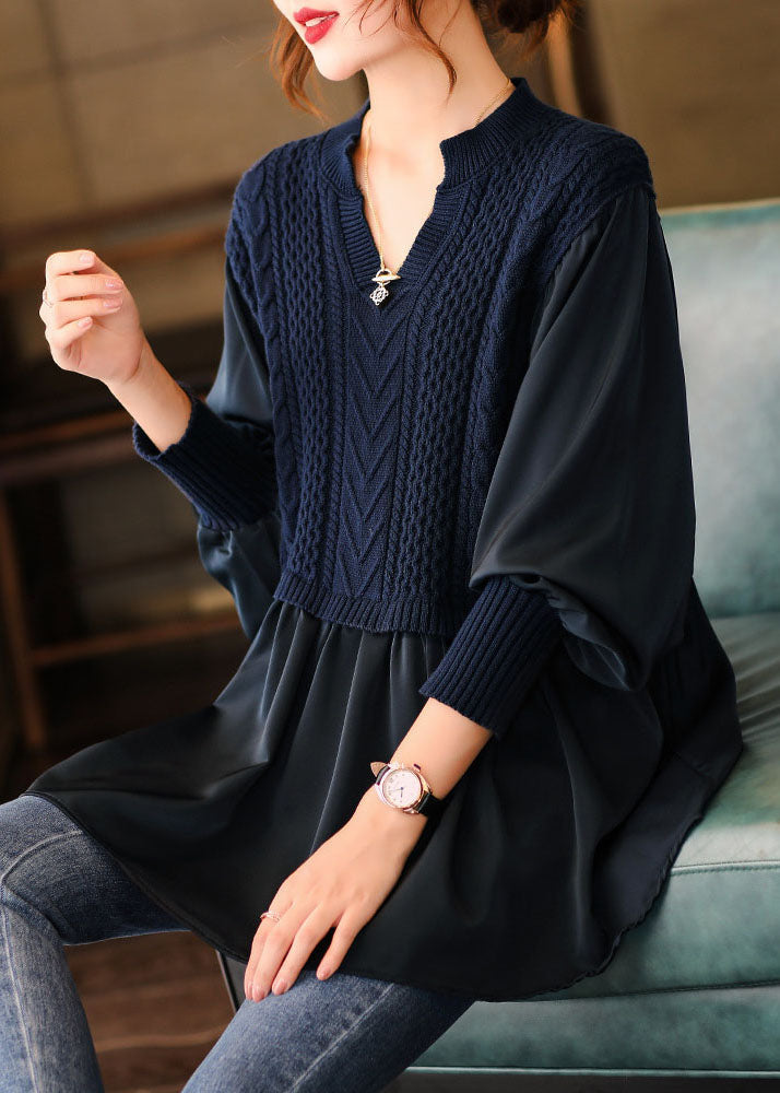 Marineblauwe gebreide blouse met pofmouwen-Blouses-Calora-Donkerblauw-S-Calora