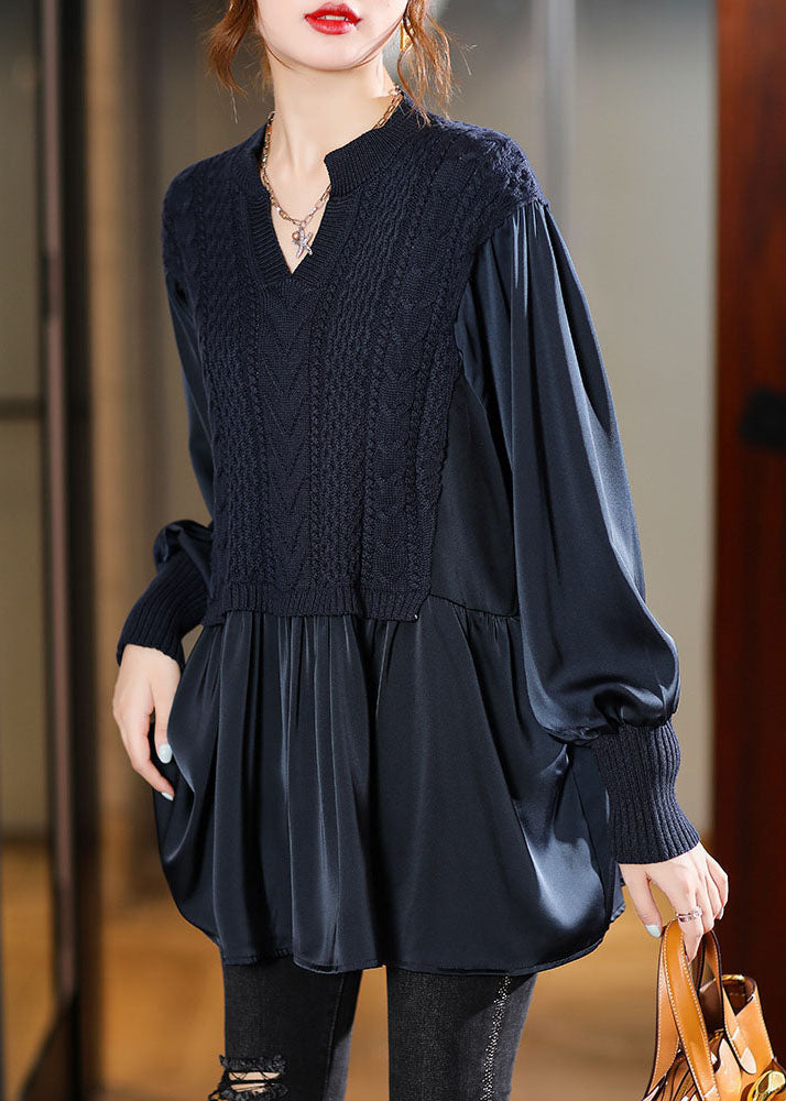 Marineblauwe gebreide blouse met pofmouwen-Blouses-Calora-Donkerblauw-S-Calora