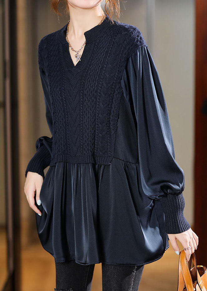 Marineblauwe gebreide blouse met pofmouwen-Blouses-Calora-Donkerblauw-S-Calora