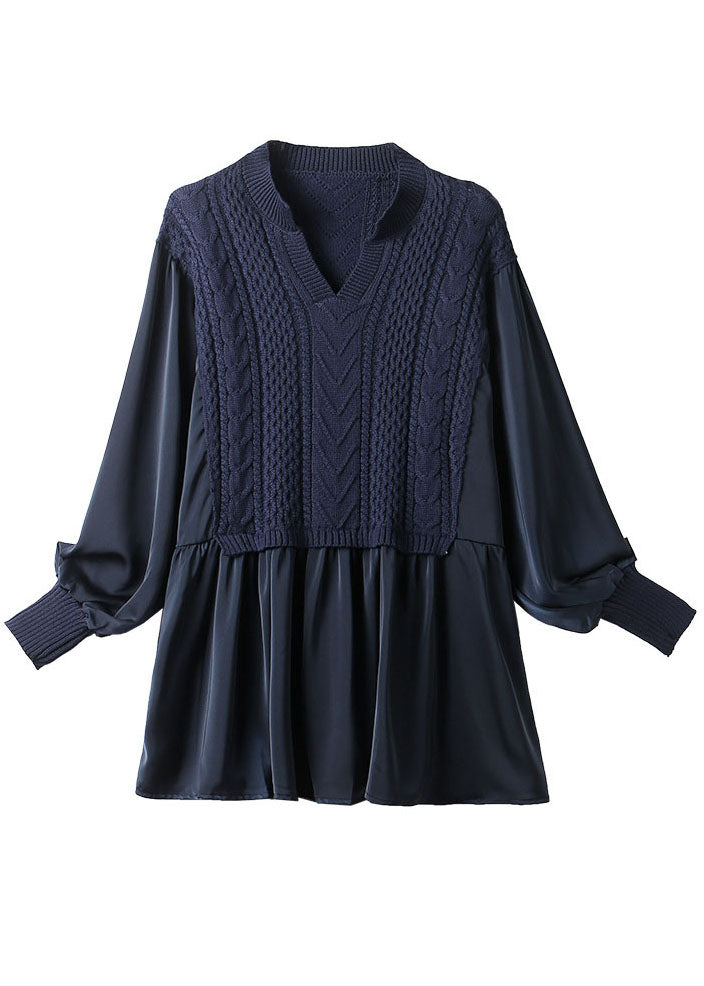 Marineblauwe gebreide blouse met pofmouwen-Blouses-Calora-Donkerblauw-S-Calora
