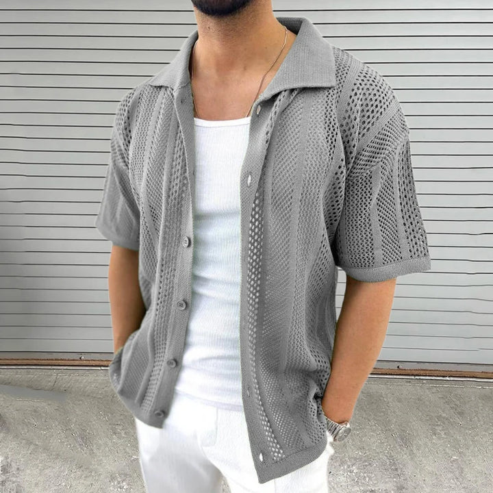 Marino | Casual Gebreide Overhemd - Korte Mouw-Overhemden-Calora-Grijs-M-Calora