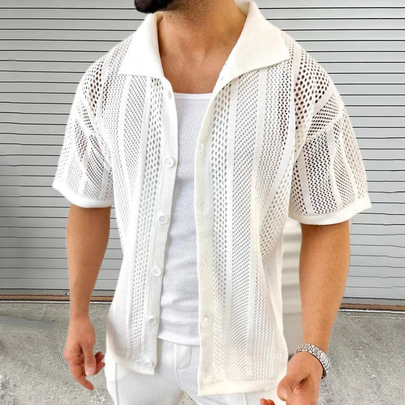 Marino | Casual Gebreide Overhemd - Korte Mouw-Overhemden-Calora-Khaki-M-Calora