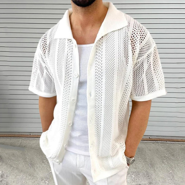 Marino | Casual Gebreide Overhemd - Korte Mouw-Overhemden-Calora-Wit-M-Calora
