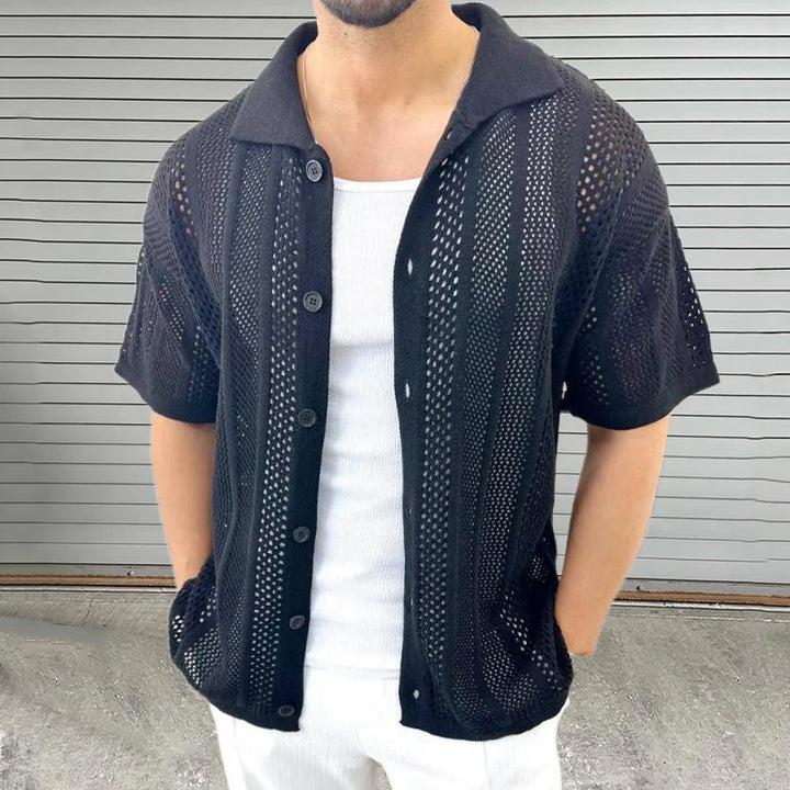 Marino | Casual Gebreide Overhemd - Korte Mouw-Overhemden-Calora-Zwart-M-Calora