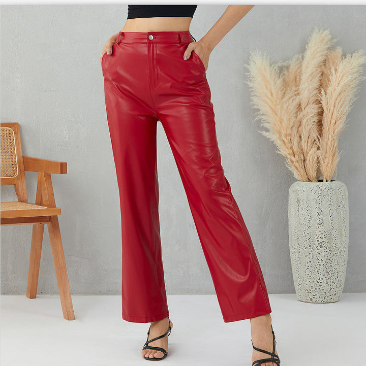 Marino - Leren Flared cropped Dames Broek met knopen-Pantalons-Calora-Rood-S-Calora