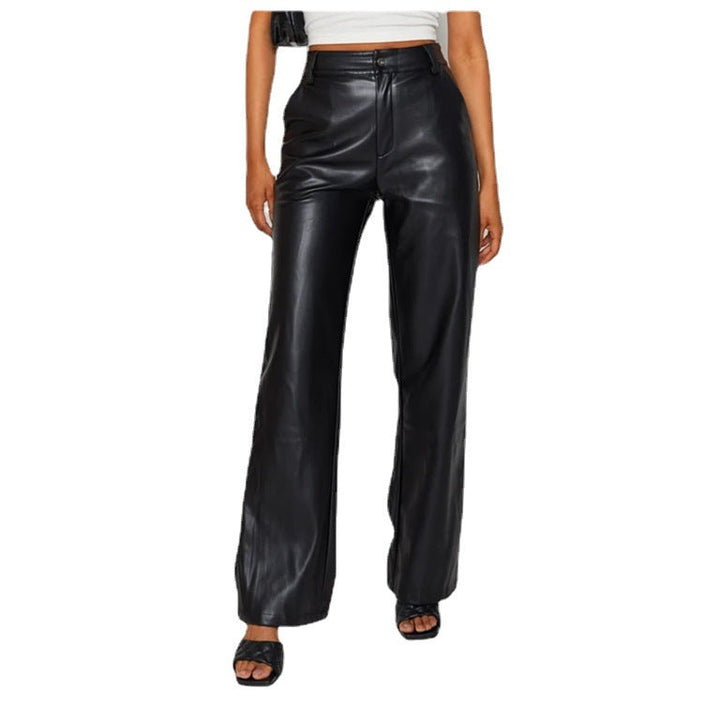 Marino - Leren Flared cropped Dames Broek met knopen-Pantalons-Calora-Zwart-S-Calora