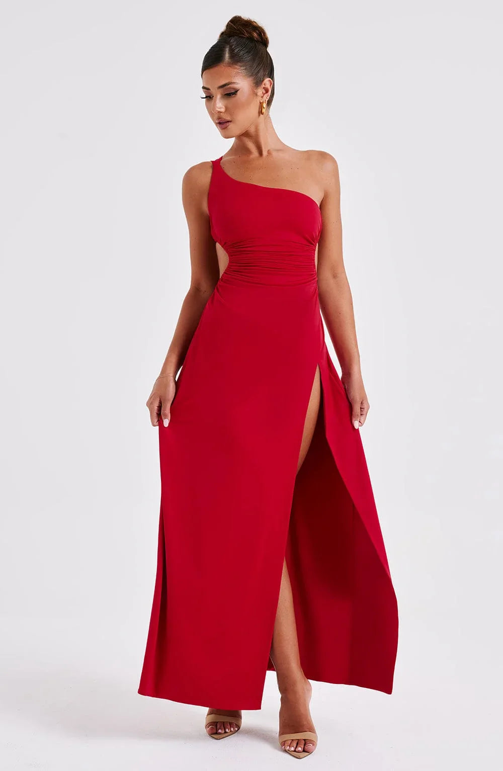 Maxi Jurk Met Een Split Elegant Comfortabele Avondjurk-Zomer Jurken-Calora-Rood-2 - 4 (XS)-Calora