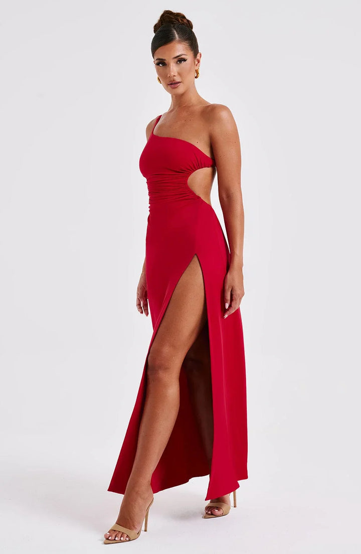 Maxi Jurk Met Een Split Elegant Comfortabele Avondjurk-Zomer Jurken-Calora-Rood-2 - 4 (XS)-Calora