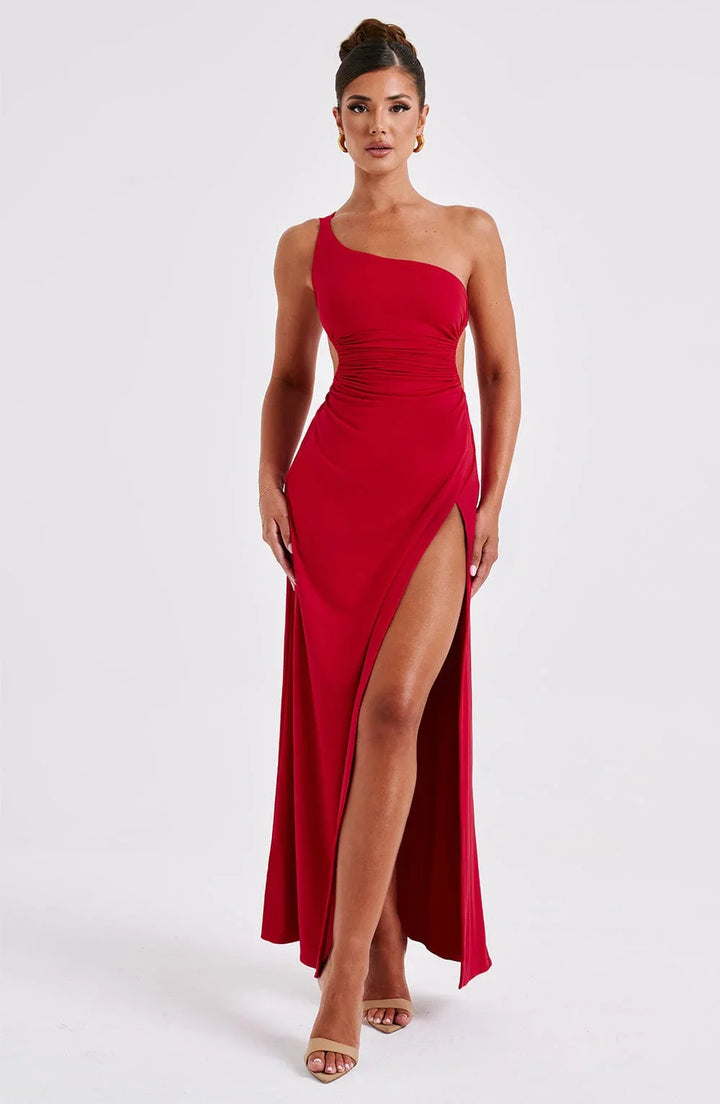 Maxi Jurk Met Een Split Elegant Comfortabele Avondjurk-Zomer Jurken-Calora-Rood-2 - 4 (XS)-Calora