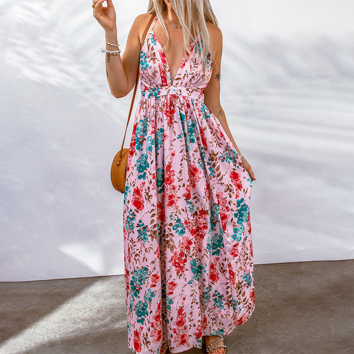 CALORA_ Maxi Jurk voor Dames met Bloemenprint en Diepe V-Hals