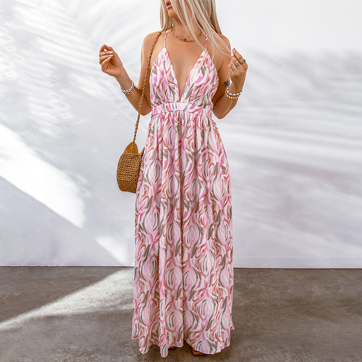 CALORA_ Maxi Jurk voor Dames met Bloemenprint en Diepe V-Hals
