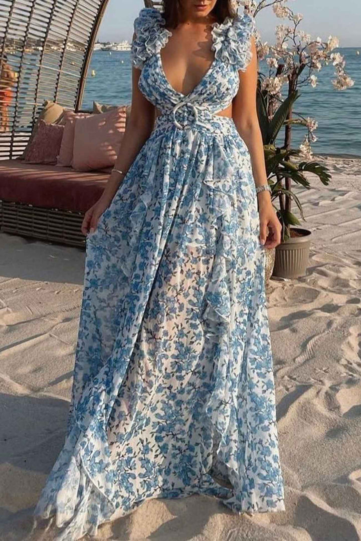 CALORA_ Maxi Jurk voor Dames met Diepe V-Hals en Rimpel Mouwen