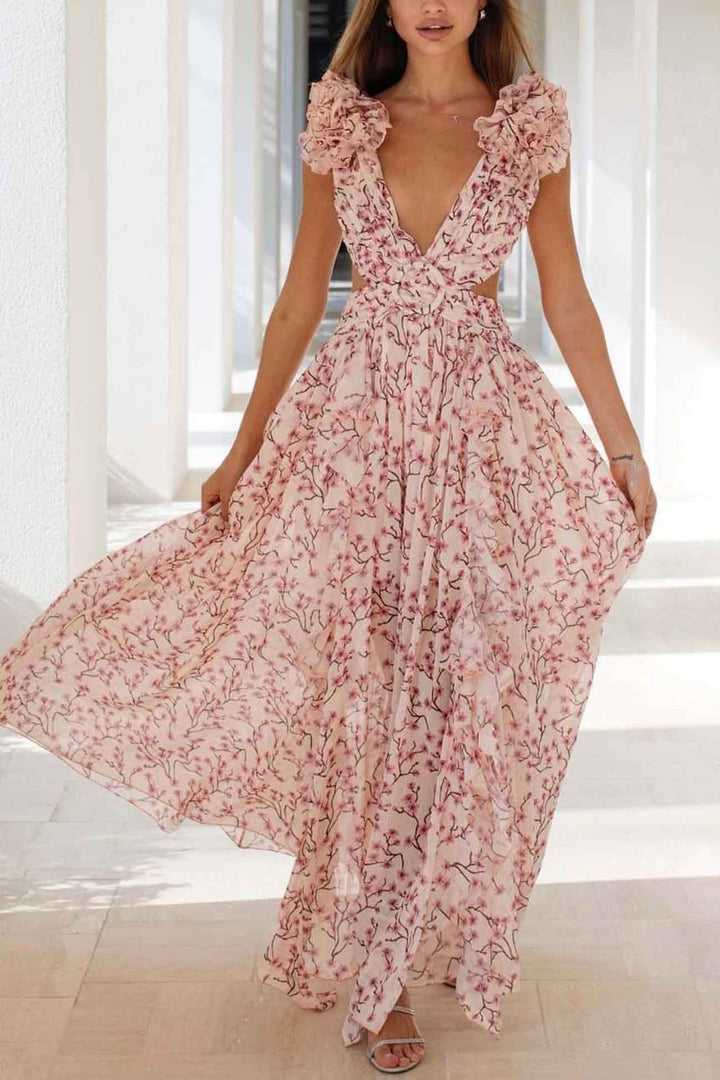 CALORA_ Maxi Jurk voor Dames met Diepe V-Hals en Rimpel Mouwen