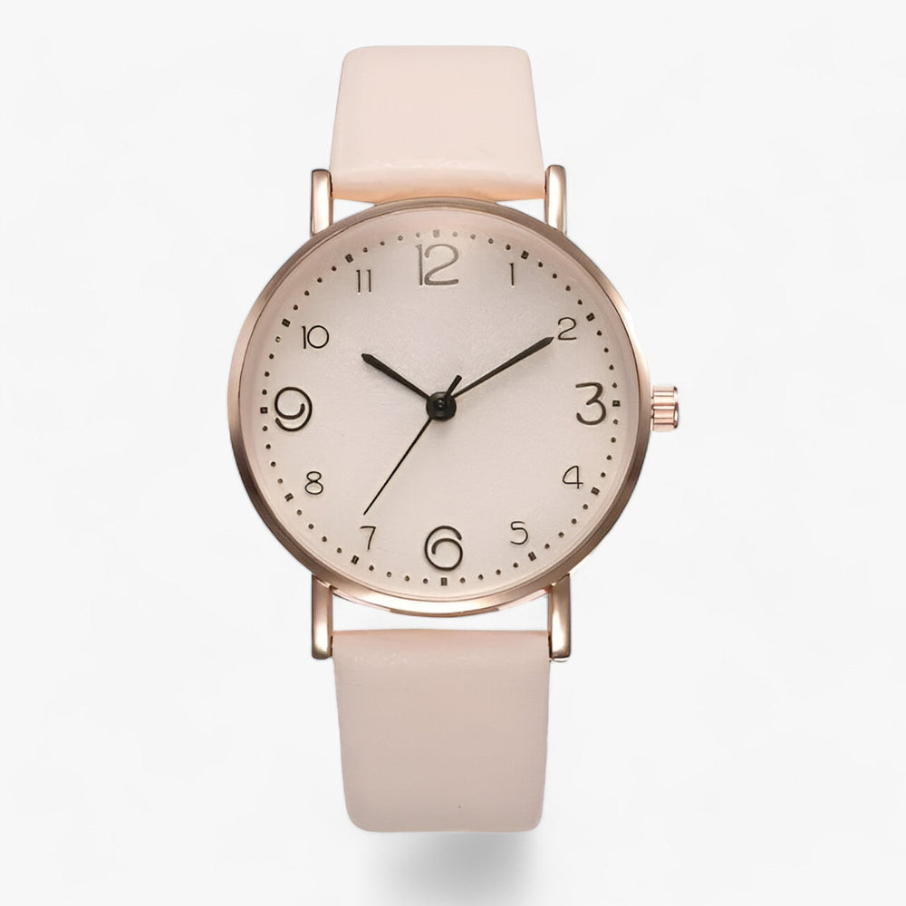 Minimalistische Ronde Horloge leren band-Horloges-Calora-Beige-Calora