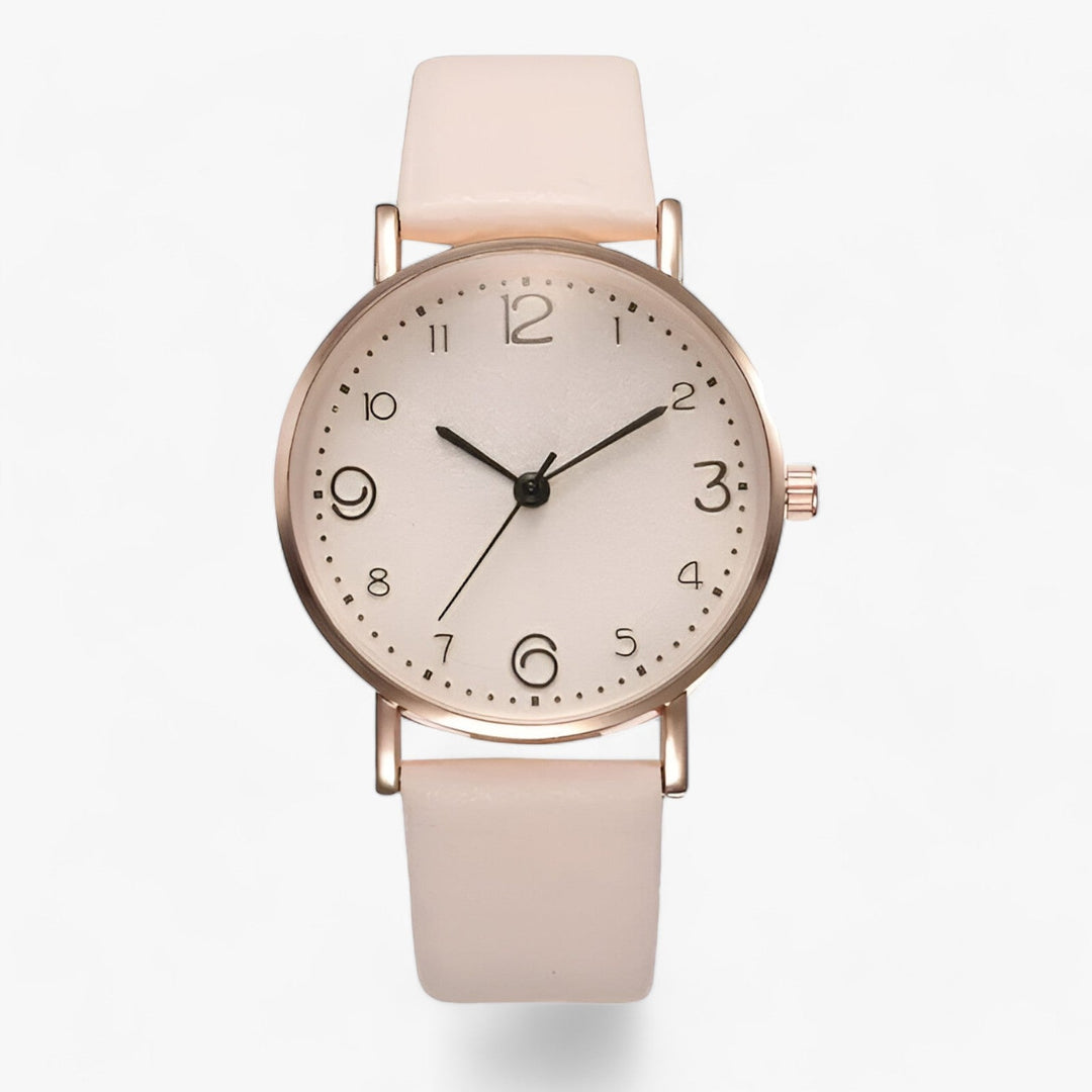 Minimalistische Ronde Horloge leren band-Horloges-Calora-Beige-Calora