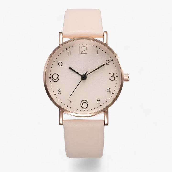 Minimalistische Ronde Horloge leren band-Horloges-Calora-Beige-Calora