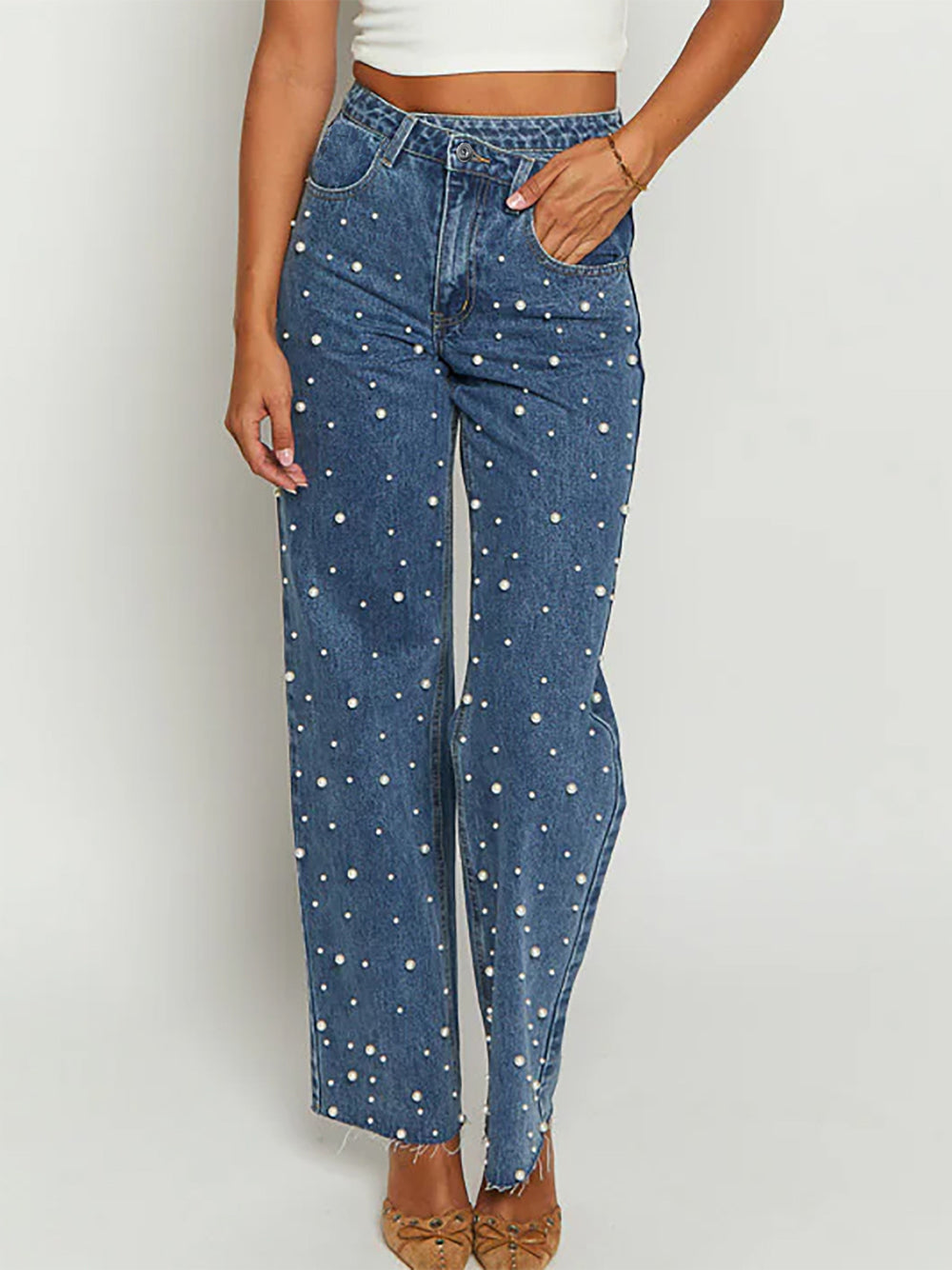 CALORA_ Modieuze Rechte Jeans voor Dames met Parels en Waterwas