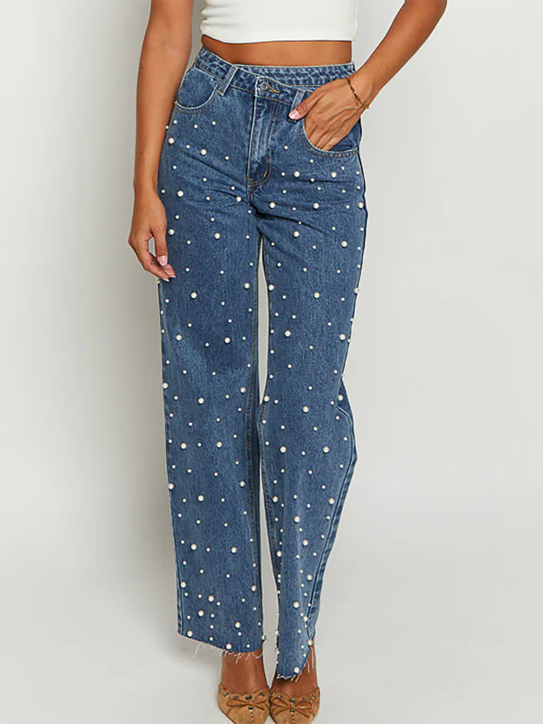 CALORA_ Modieuze Rechte Jeans voor Dames met Parels en Waterwas